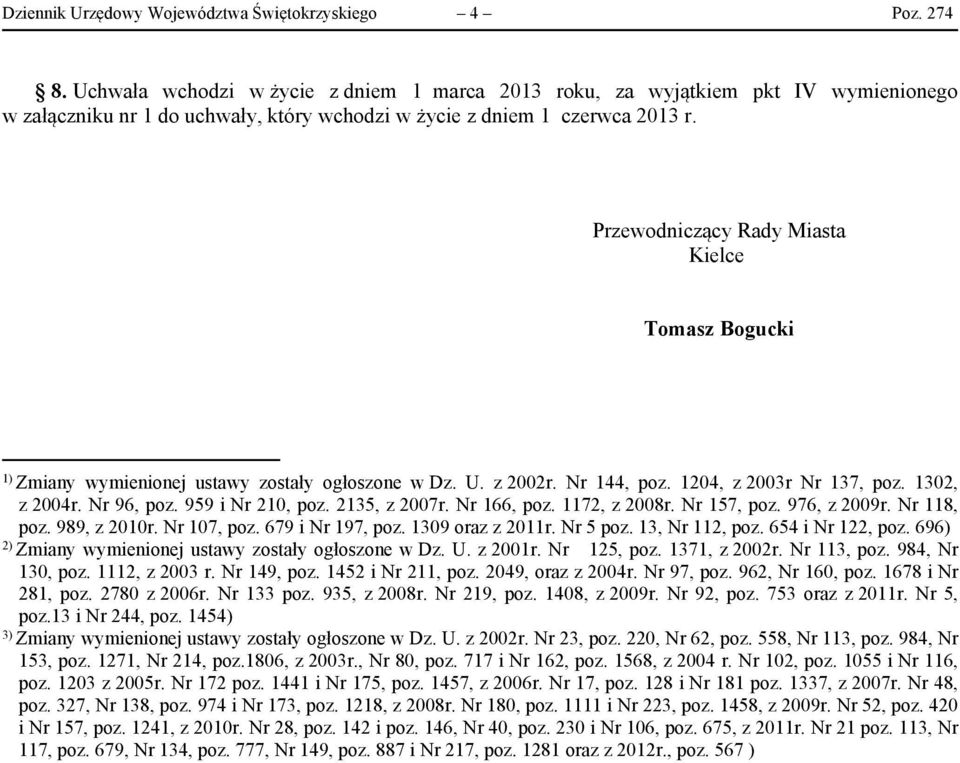 Przewodniczący Rady Miasta Kielce Tomasz Bogucki 1) Zmiany wymienionej ustawy zostały ogłoszone w Dz. U. z 2002r. Nr 144, poz. 1204, z 2003r Nr 137, poz. 1302, z 2004r. Nr 96, poz. 959 i Nr 210, poz.