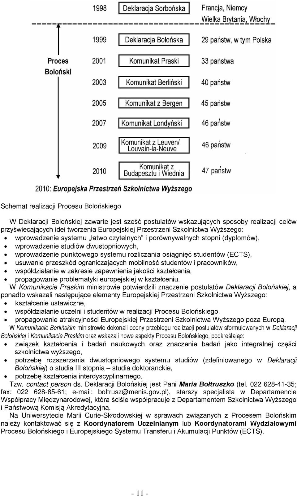 (ECTS), usuwanie przeszkód ograniczających mobilność studentów i pracowników, współdziałanie w zakresie zapewnienia jakości kształcenia, propagowanie problematyki europejskiej w kształceniu.