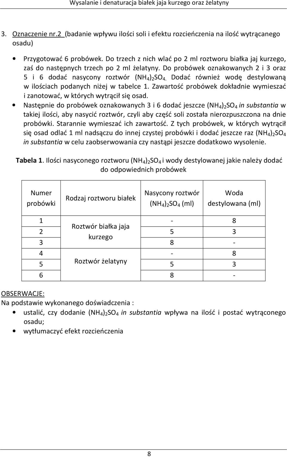 Dodać również wodę destylowaną w ilościach podanych niżej w tabelce 1. Zawartość probówek dokładnie wymieszać i zanotować, w których wytrącił się osad.