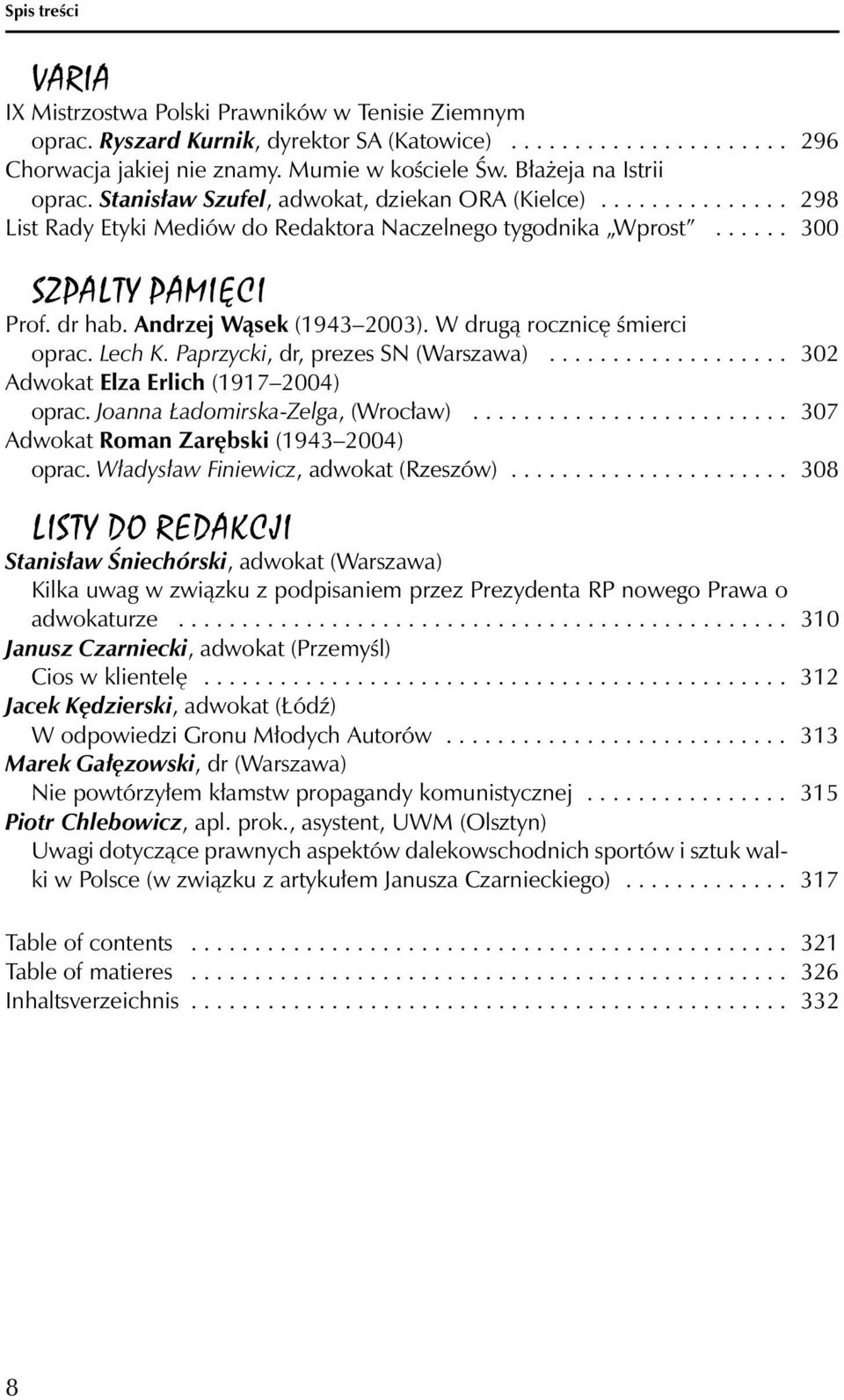 Andrzej Wąsek (1943 2003). W drugą rocznicę śmierci oprac. Lech K. Paprzycki, dr, prezes SN (Warszawa)................... 302 Adwokat Elza Erlich (1917 2004) oprac. Joanna Ładomirska-Zelga, (Wrocław).