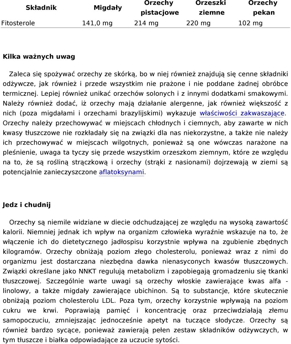 Należy również dodać, iż orzechy mają działanie alergenne, jak również większość z nich (poza migdałami i orzechami brazylijskimi) wykazuje właściwości zakwaszające.