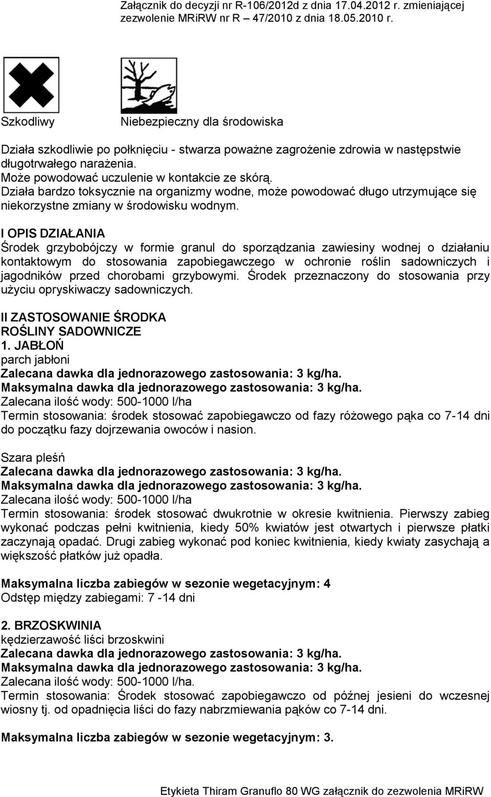 I OPIS DZIAŁANIA Środek grzybobójczy w formie granul do sporządzania zawiesiny wodnej o działaniu kontaktowym do stosowania zapobiegawczego w ochronie roślin sadowniczych i jagodników przed chorobami