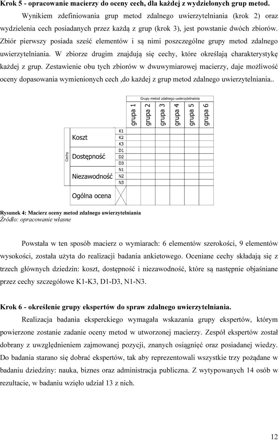 Zbiór pierwszy posiada sześć elementów i są nimi poszczególne grupy metod zdalnego uwierzytelniania. W zbiorze drugim znajdują się cechy, które określają charakterystykę każdej z grup.