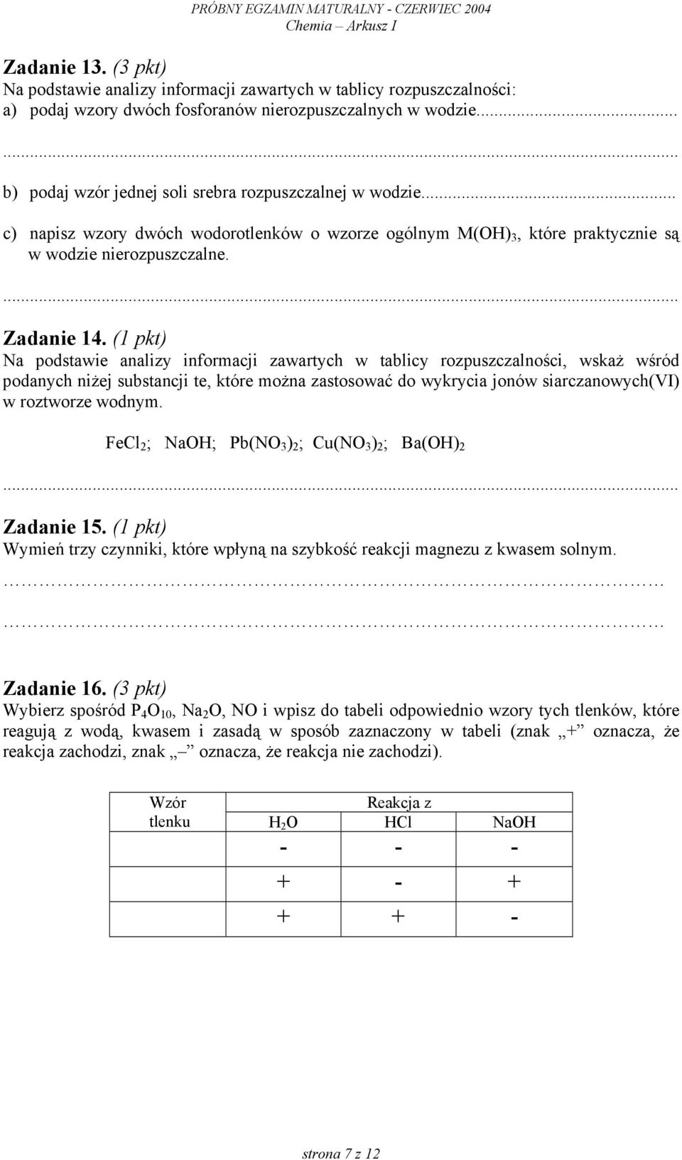 (1 pkt) Na podstawie analizy informacji zawartych w tablicy rozpuszczalności, wskaż wśród podanych niżej substancji te, które można zastosować do wykrycia jonów siarczanowych(vi) w roztworze wodnym.