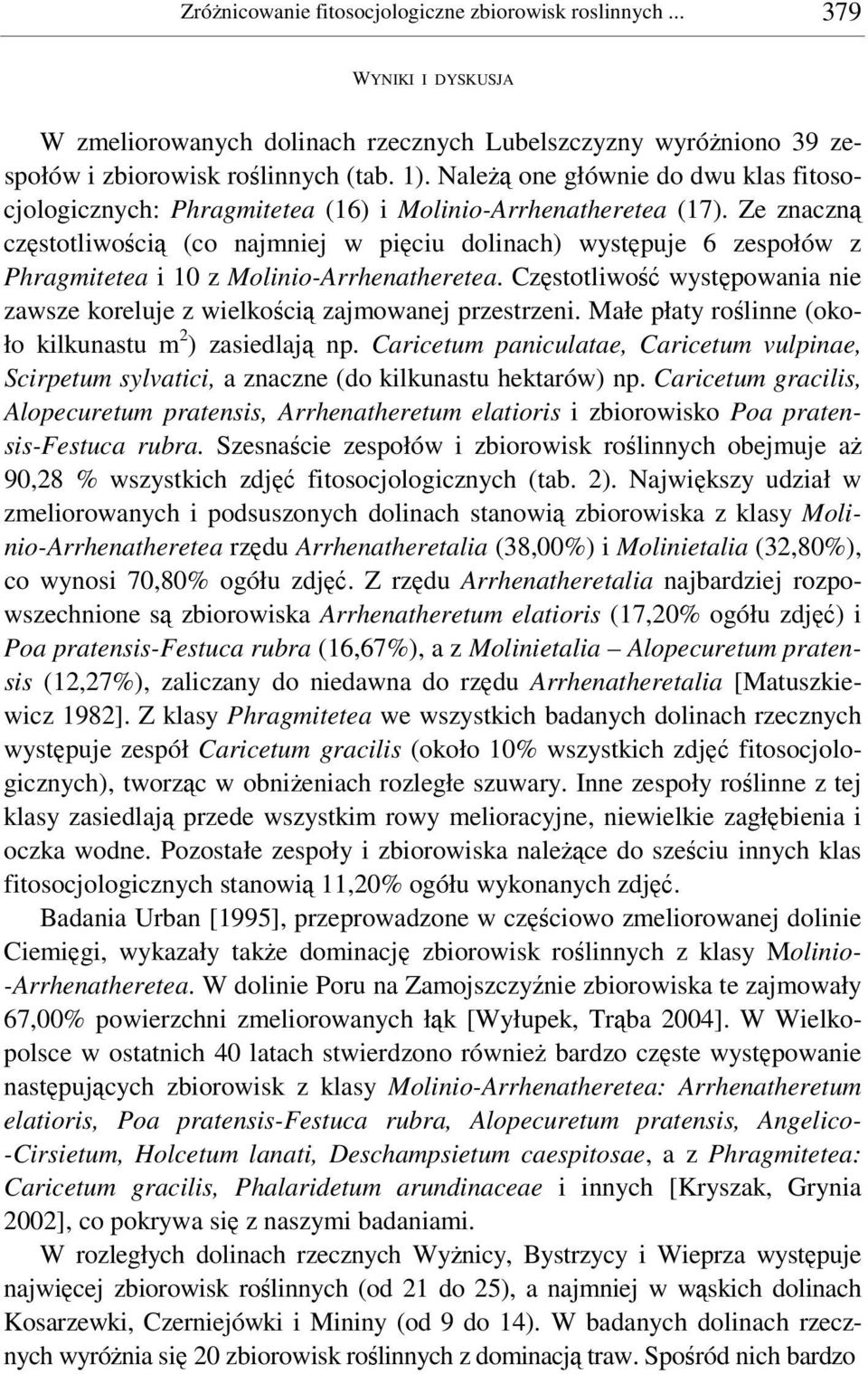 Ze znaczn czstotliwoci (co najmniej w piciu dolinach) wystpuje 6 zespołów z Phragmitetea i 10 z Molinio-Arrhenatheretea. Czstotliwo wystpowania nie zawsze koreluje z wielkoci zajmowanej przestrzeni.