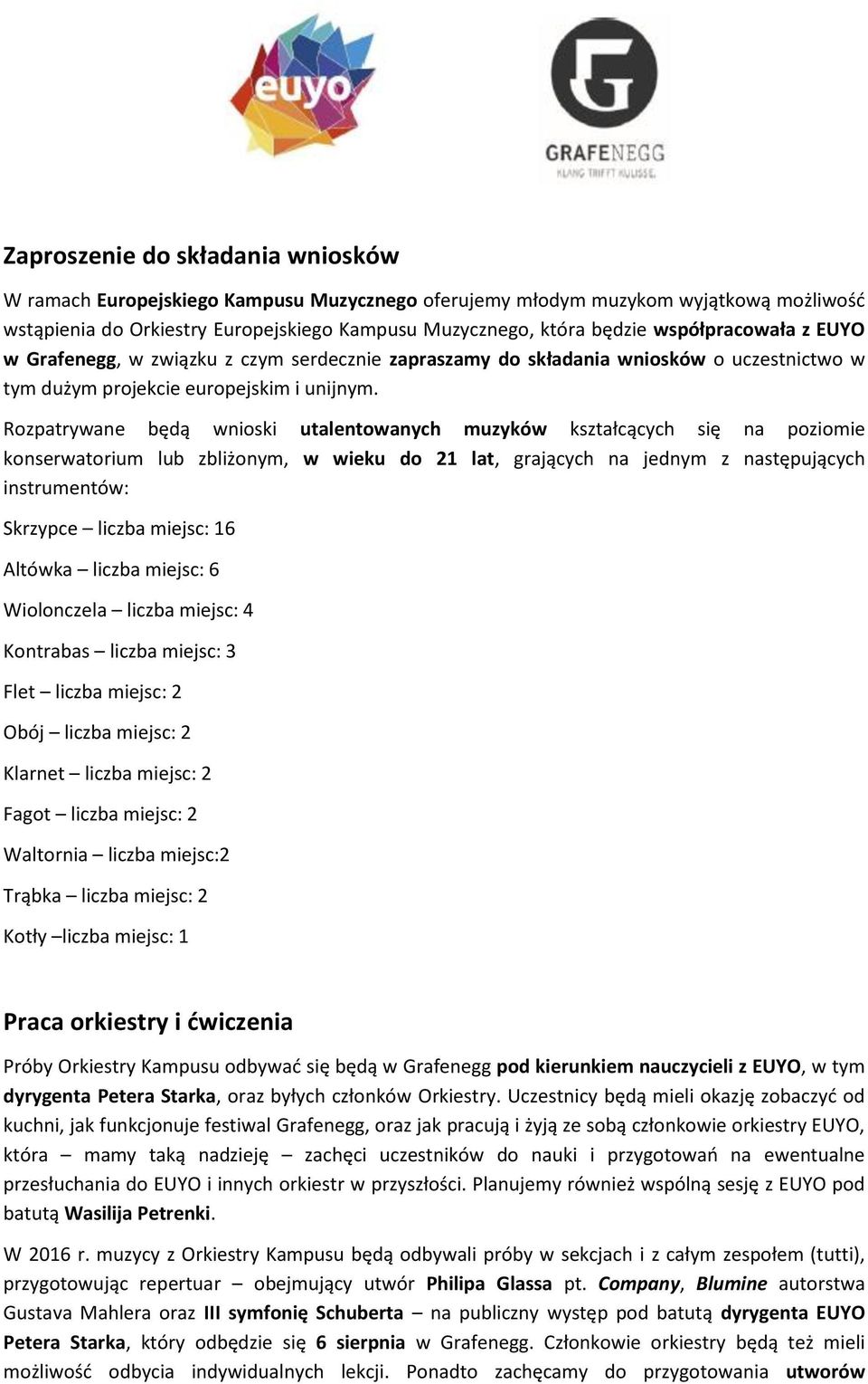 Rozpatrywane będą wnioski utalentowanych muzyków kształcących się na poziomie konserwatorium lub zbliżonym, w wieku do 21 lat, grających na jednym z następujących instrumentów: Skrzypce liczba