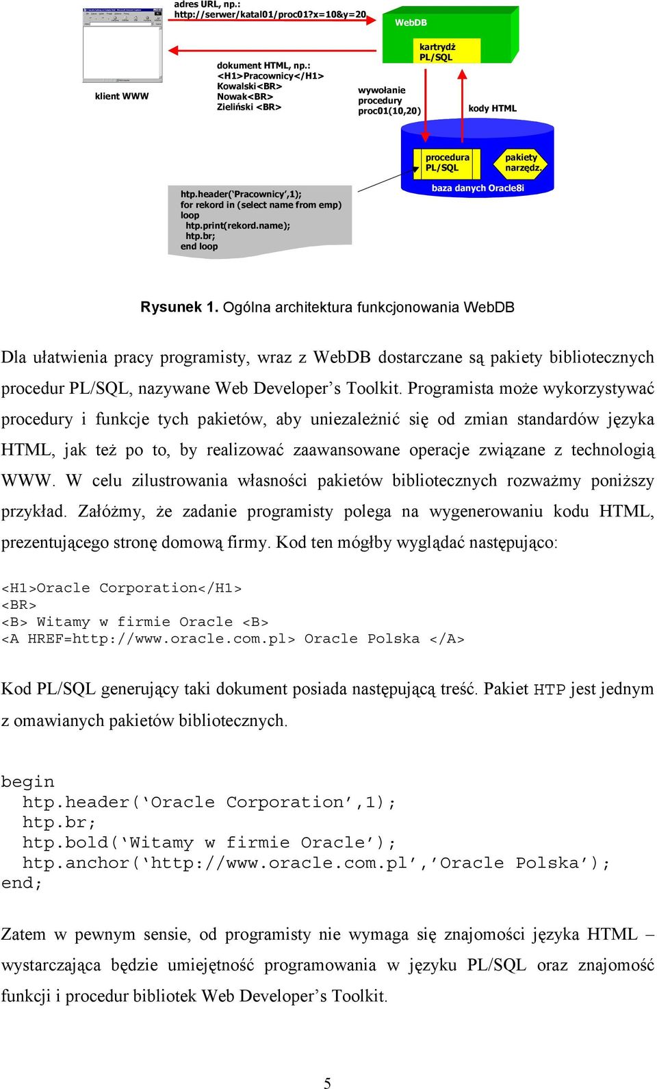 header( Pracownicy,1); for rekord in (select name from emp) loop htp.print(rekord.name); htp.br; end loop baza danych Oracle8i Rysunek 1.