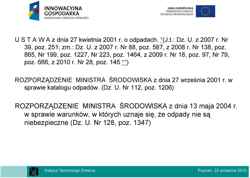 145 **) ROZPORZĄDZENIE MINISTRA ŚRODOWISKA z dnia 27 września 2001 r. w sprawie katalogu odpadów. (Dz. U. Nr 112, poz.