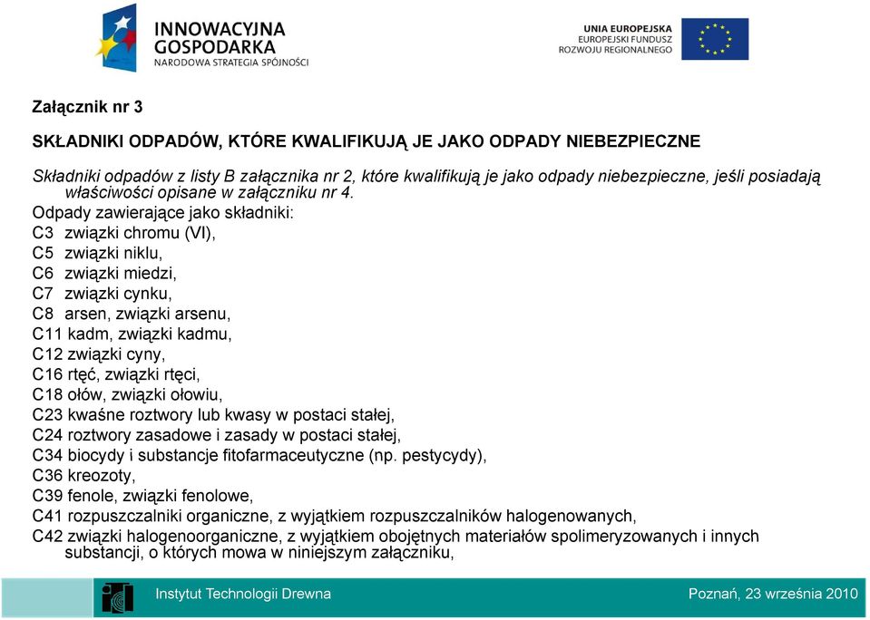 Odpady zawierające jako składniki: C3 związki chromu (VI), C5 związki niklu, C6 związki miedzi, C7 związki cynku, C8 arsen, związki arsenu, C11 kadm, związki kadmu, C12 związki cyny, C16 rtęć,