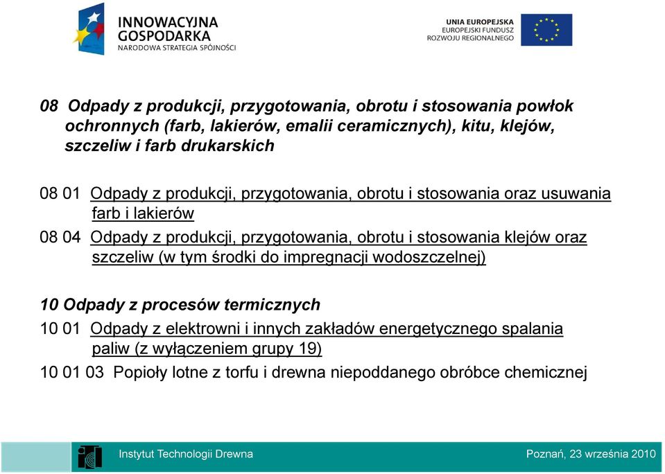 przygotowania, obrotu i stosowania klejów oraz szczeliw (w tym środki do impregnacji wodoszczelnej) 10 Odpady z procesów termicznych 10 01 Odpady