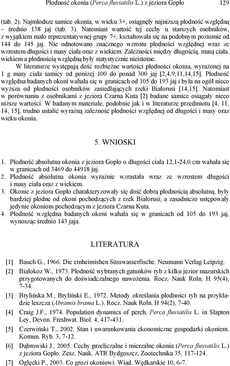 Nie odnotowano znacznego wzrostu płodności względnej wraz ze wzrostem długości i masy ciała oraz z wiekiem.