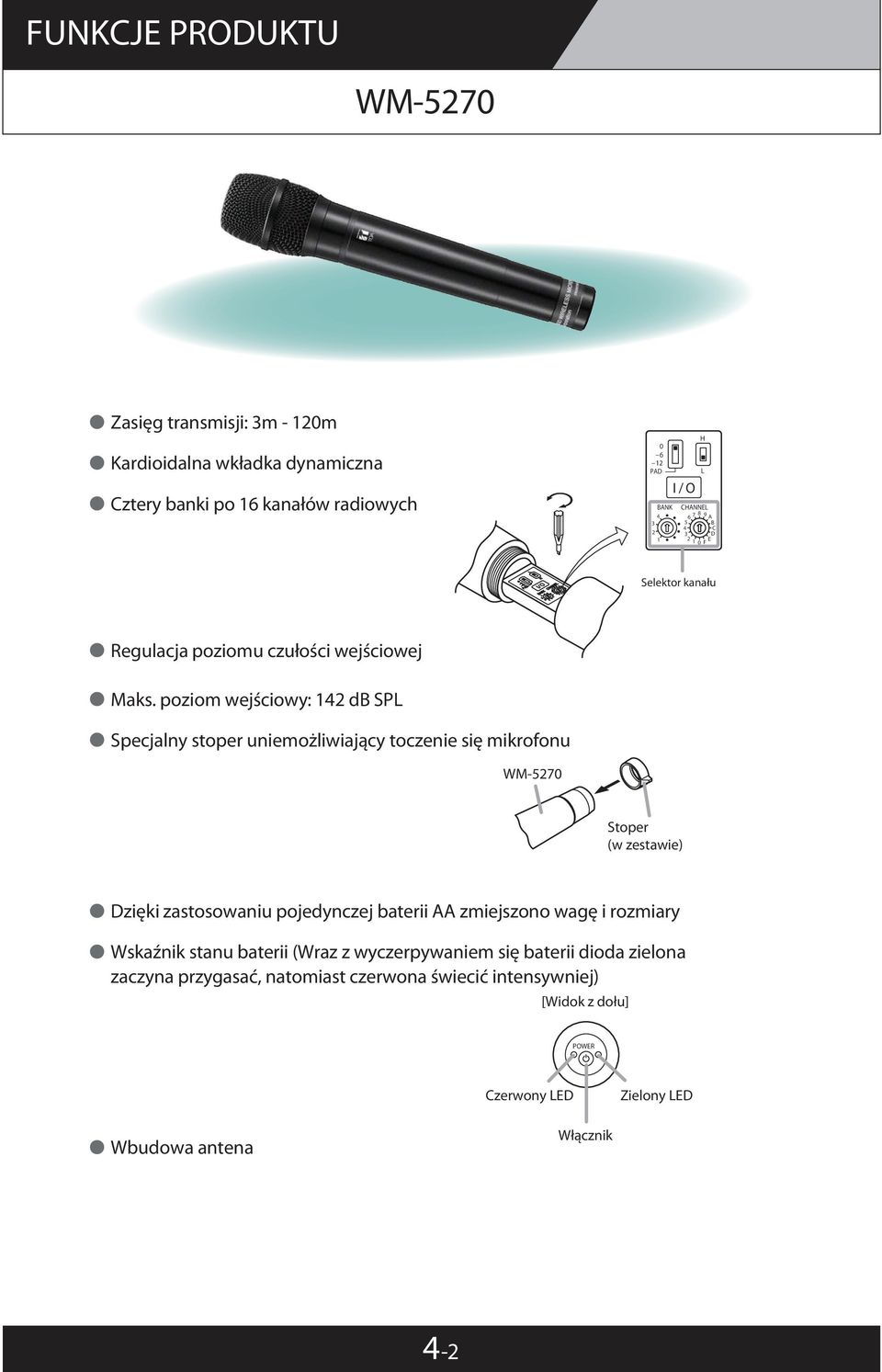 poziom wejściowy: 142 db SPL Specjalny stoper uniemożliwiający toczenie się mikrofonu WM-5270 Stoper (w zestawie) Dzięki zastosowaniu pojedynczej baterii AA