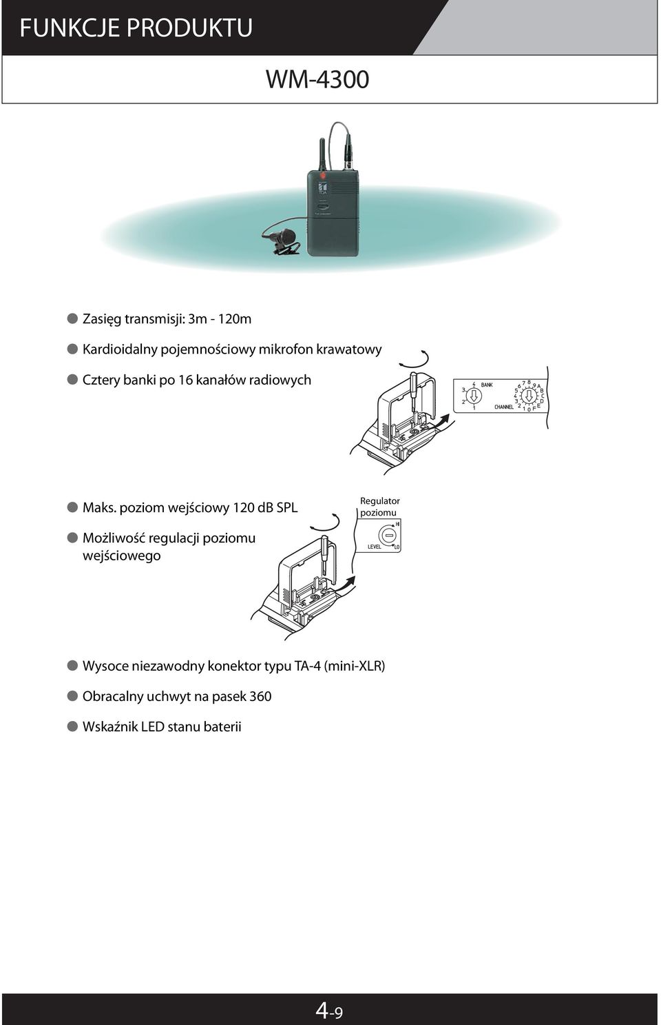 poziom wejściowy 120 db SPL Regulator poziomu Możliwość regulacji poziomu