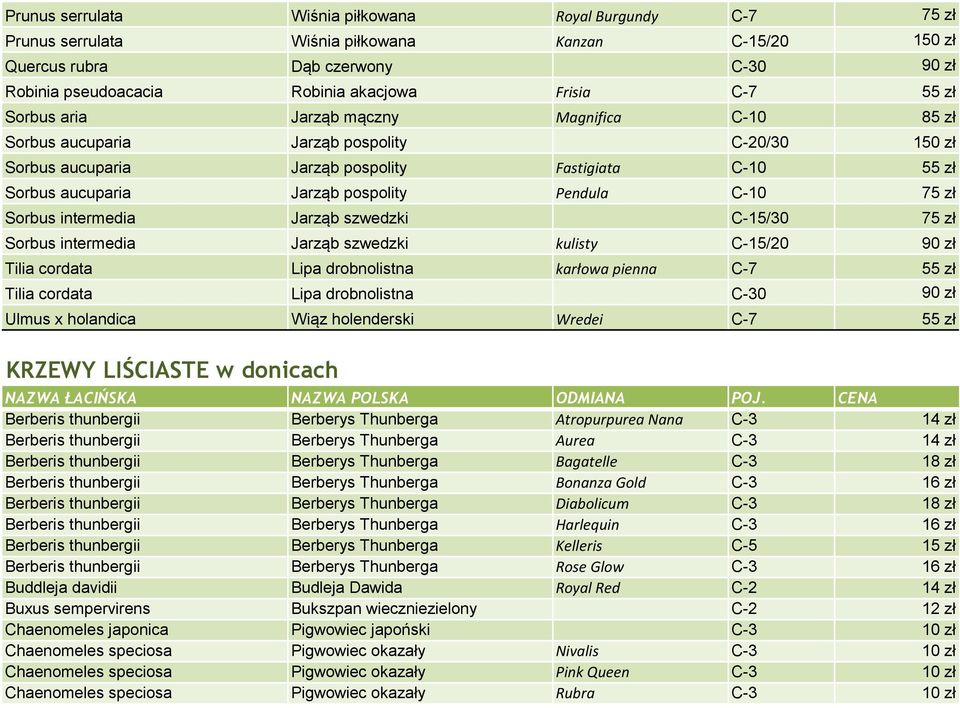 Fastigiata C-10 55 z 0 0 Sorbus aucuparia Jarz 0 2b pospolity Pendula C-10 75 z 0 0 Sorbus intermedia Jarz 0 2b szwedzki C-15/30 75 z 0 0 Sorbus intermedia Jarz 0 2b szwedzki kulisty C-15/20 90 z 0 0