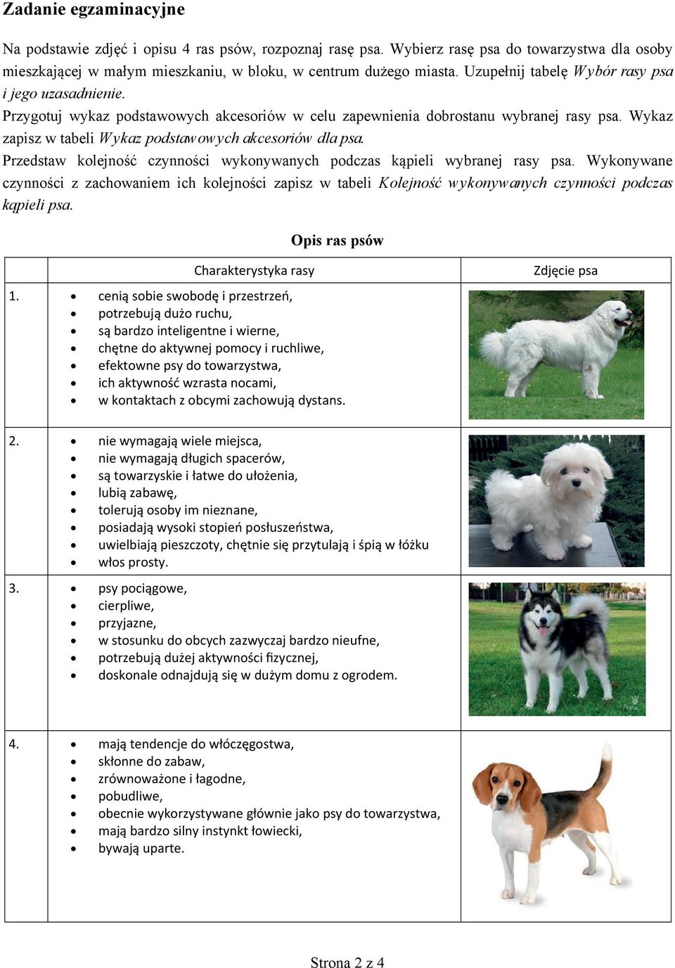 Wykaz zapisz w tabeli W ykaz podstawowych akcesoriów dla psa. Przedstaw kolejność czynności wykonywanych podczas kąpieli wybranej rasy psa.