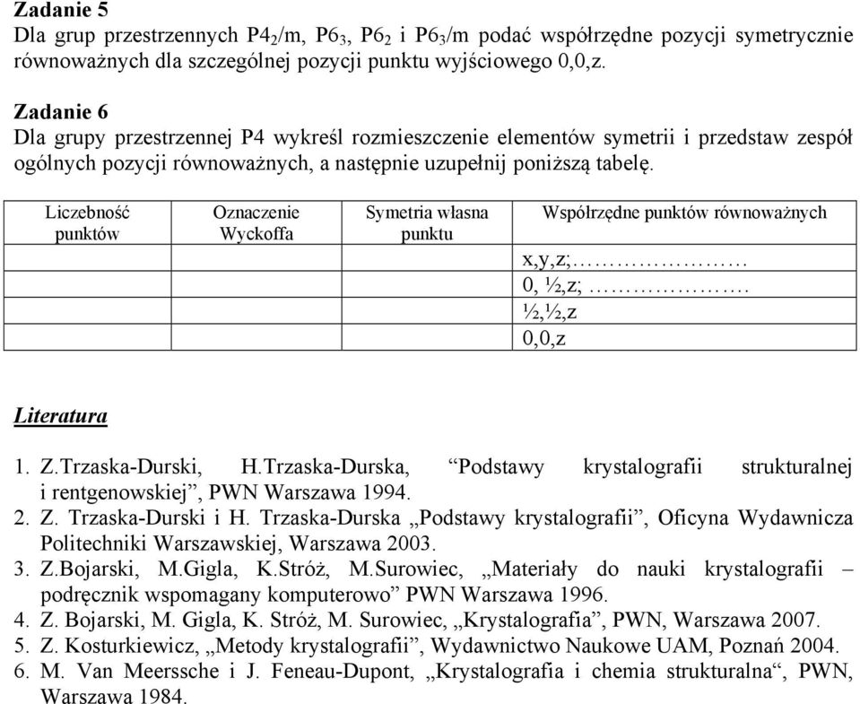Liczebność punktów Oznaczenie Wyckoffa Symetria własna punktu Współrzędne punktów równoważnych x,y,z; 0, ½,z;. ½,½,z 0,0,z Literatura 1. Z.Trzaska-Durski, H.
