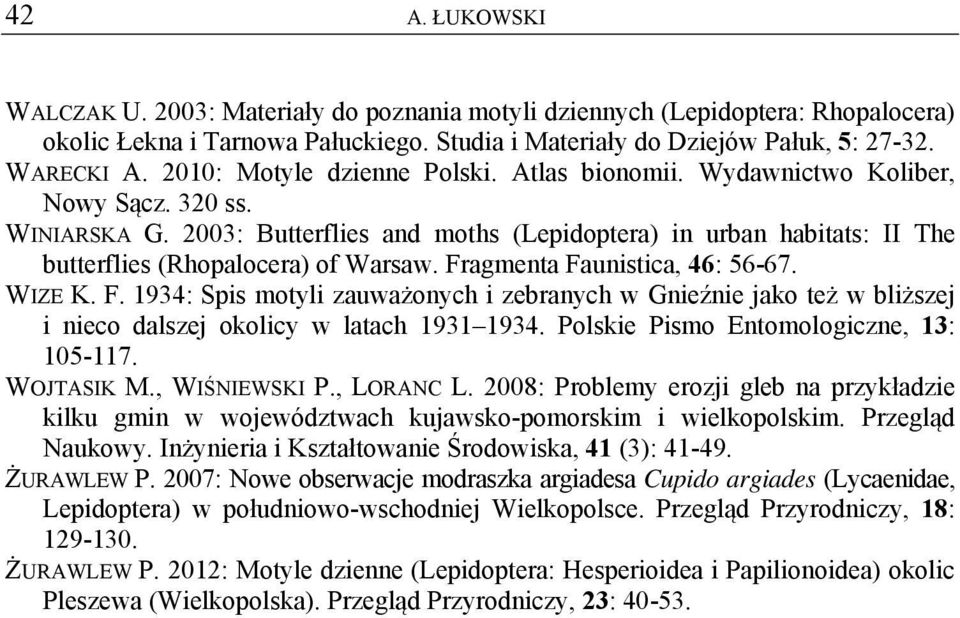 2003: Butterflies and moths (Lepidoptera) in urban habitats: II The butterflies (Rhopalocera) of Warsaw. Fr