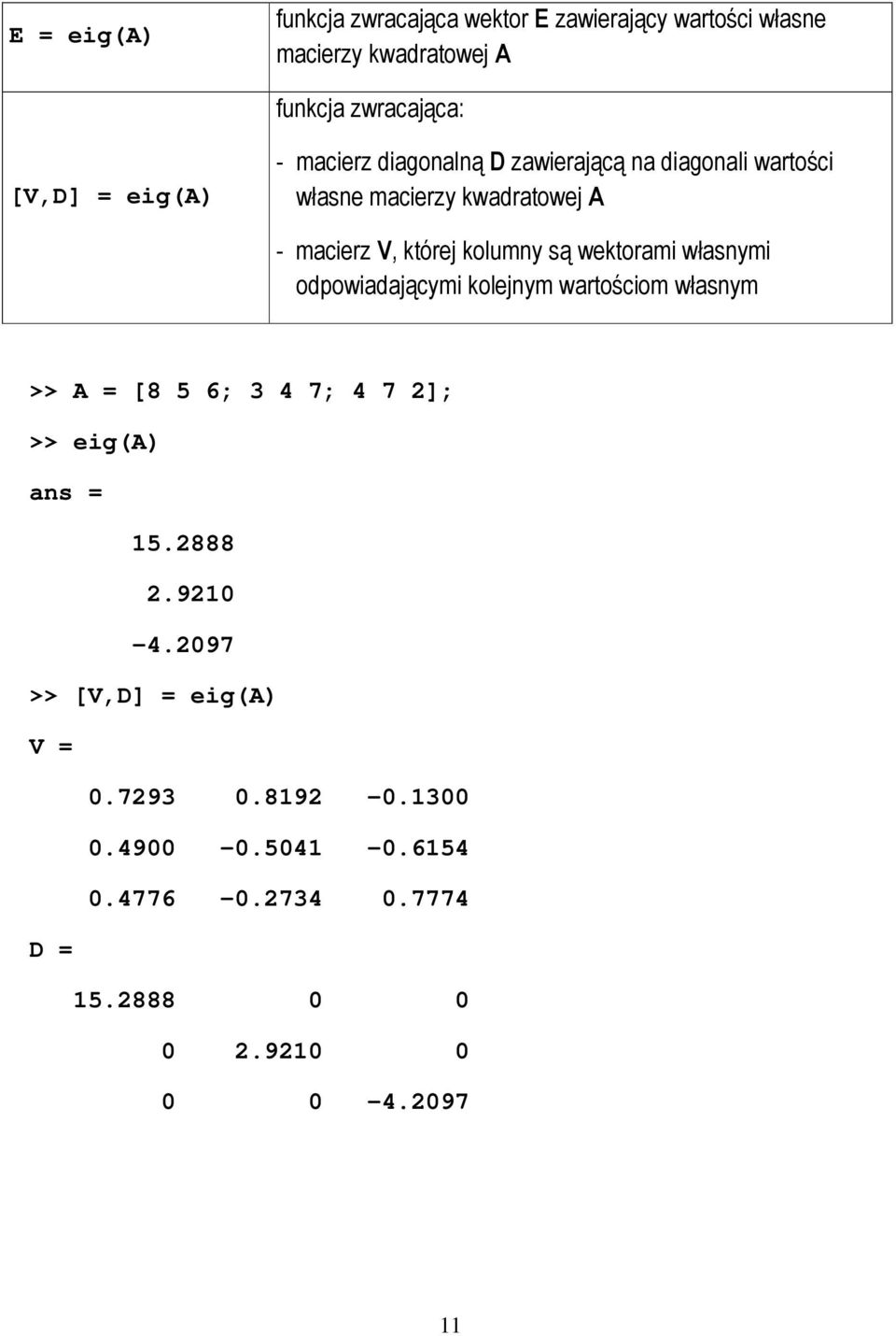 są wektorami własnymi odpowiadającymi kolejnym wartościom własnym >> A = [8 5 6; 4 7; 4 7 2]; >> eig(a) 15.2888 2.9210-4.