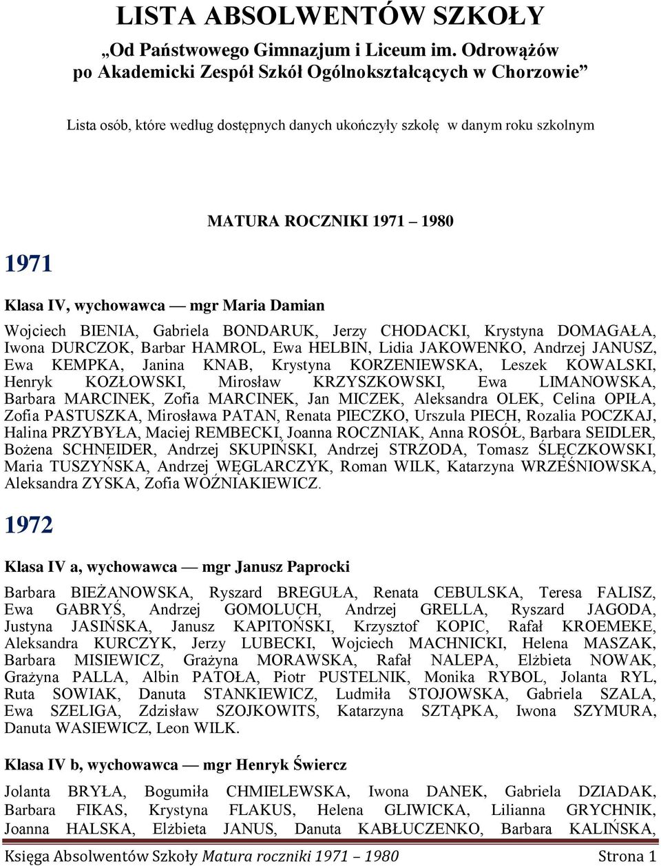 wychowawca mgr Maria Damian Wojciech BIENIA, Gabriela BONDARUK, Jerzy CHODACKI, Krystyna DOMAGAŁA, Iwona DURCZOK, Barbar HAMROL, Ewa HELBIN, Lidia JAKOWENKO, Andrzej JANUSZ, Ewa KEMPKA, Janina KNAB,