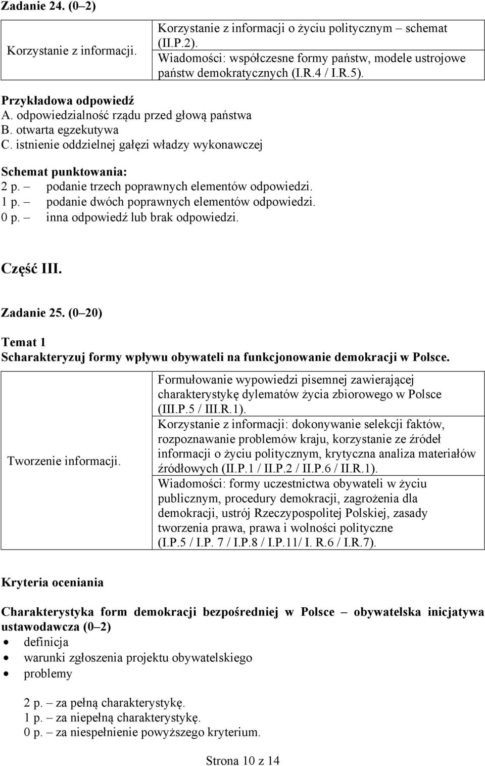 podanie dwóch poprawnych elementów odpowiedzi. Część III. Zadanie 25. (0 20) Temat 1 Scharakteryzuj formy wpływu obywateli na funkcjonowanie demokracji w Polsce. Tworzenie informacji.