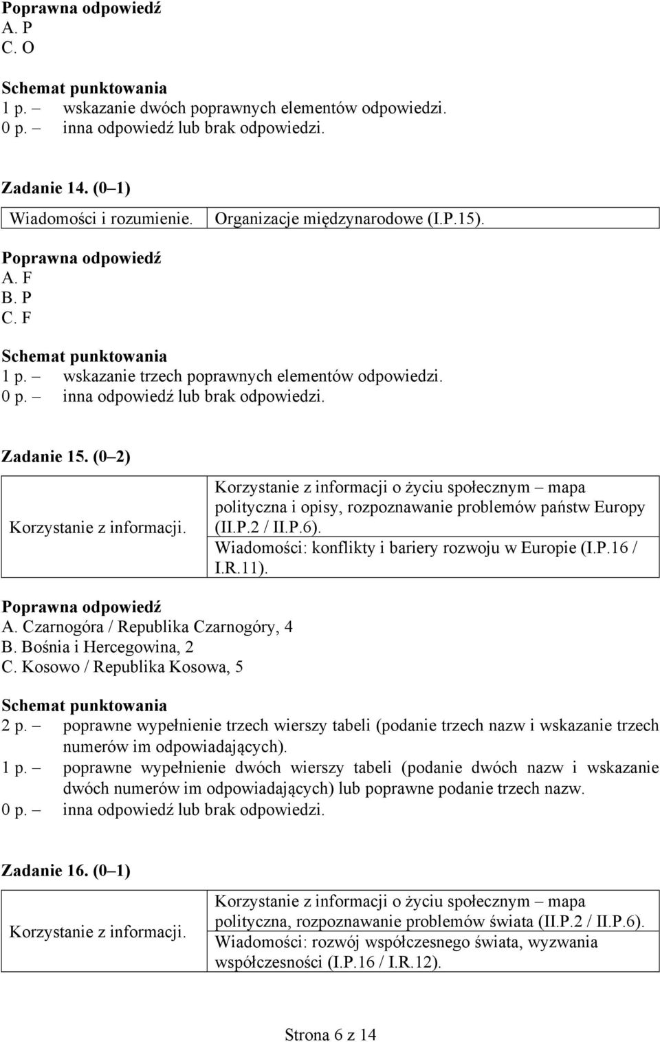 Wiadomości: konflikty i bariery rozwoju w Europie (I.P.16 / I.R.11). A. Czarnogóra / Republika Czarnogóry, 4 B. Bośnia i Hercegowina, 2 C. Kosowo / Republika Kosowa, 5 2 p.