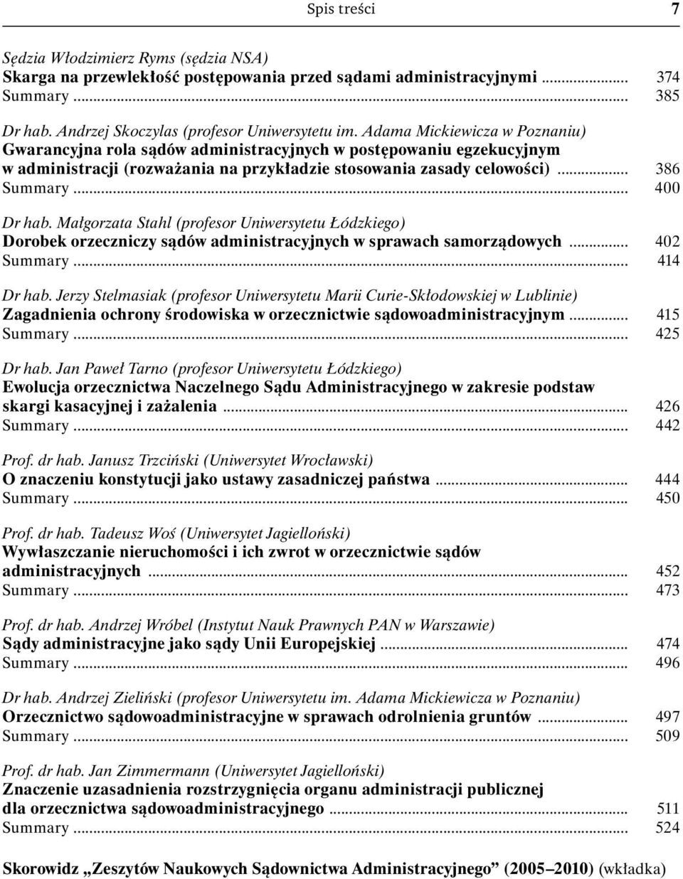 Małgorzata Stahl (profesor Uniwersytetu Łódzkiego) Dorobek orzeczniczy sądów administracyjnych w sprawach samorządowych... 402 Summary... 414 Dr hab.