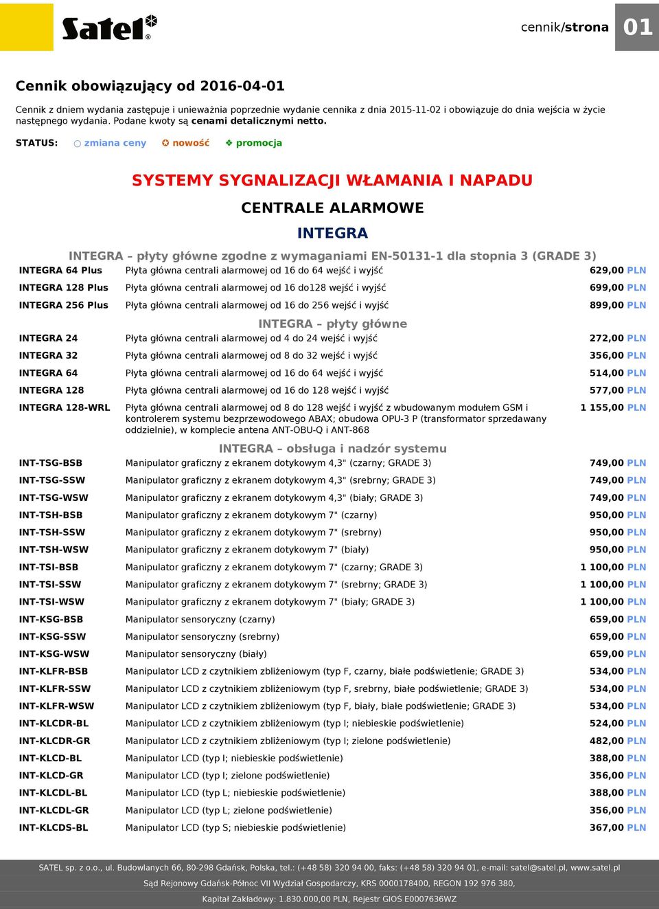 STATUS: zmiana ceny nowość promocja SYSTEMY SYGNALIZACJI WŁAMANIA I NAPADU CENTRALE ALARMOWE INTEGRA INTEGRA płyty główne zgodne z wymaganiami EN-50131-1 dla stopnia 3 (GRADE 3) INTEGRA 64 Plus Płyta