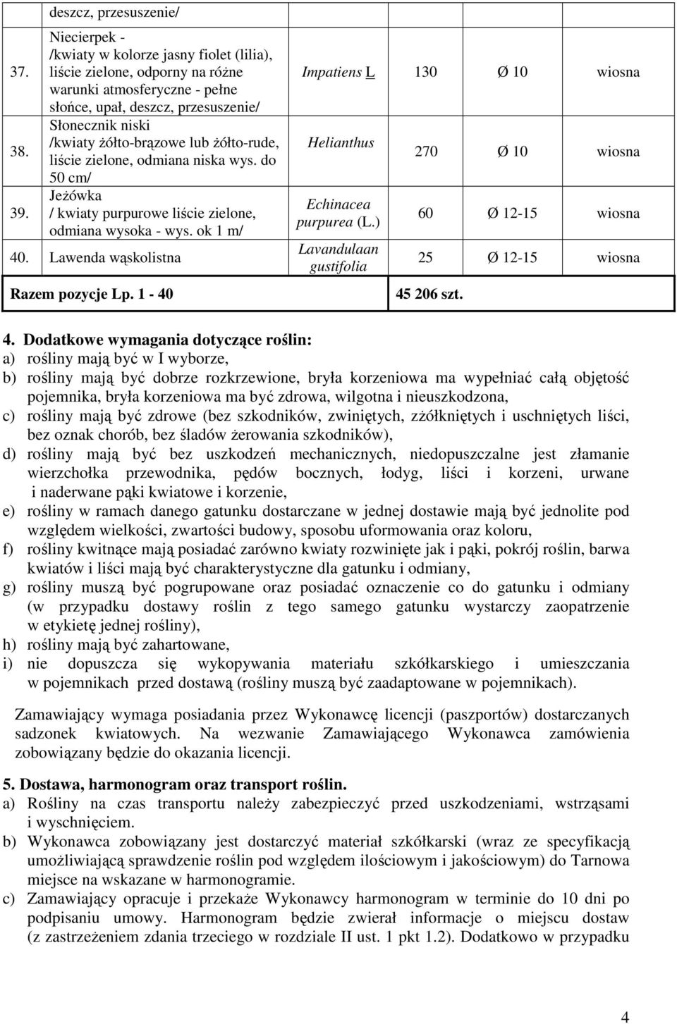 żółto-brązowe lub żółto-rude, liście zielone, odmiana niska wys. do 50 cm/ Jeżówka / kwiaty purpurowe liście zielone, odmiana wysoka - wys. ok 1 m/ 40. Lawenda wąskolistna Razem pozycje Lp.