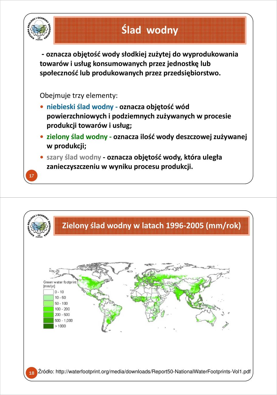 17 Obejmuje trzy elementy: niebieski ślad wodny -oznacza objętość wód powierzchniowych i podziemnych zużywanych w procesie produkcji towarów i usług; zielony