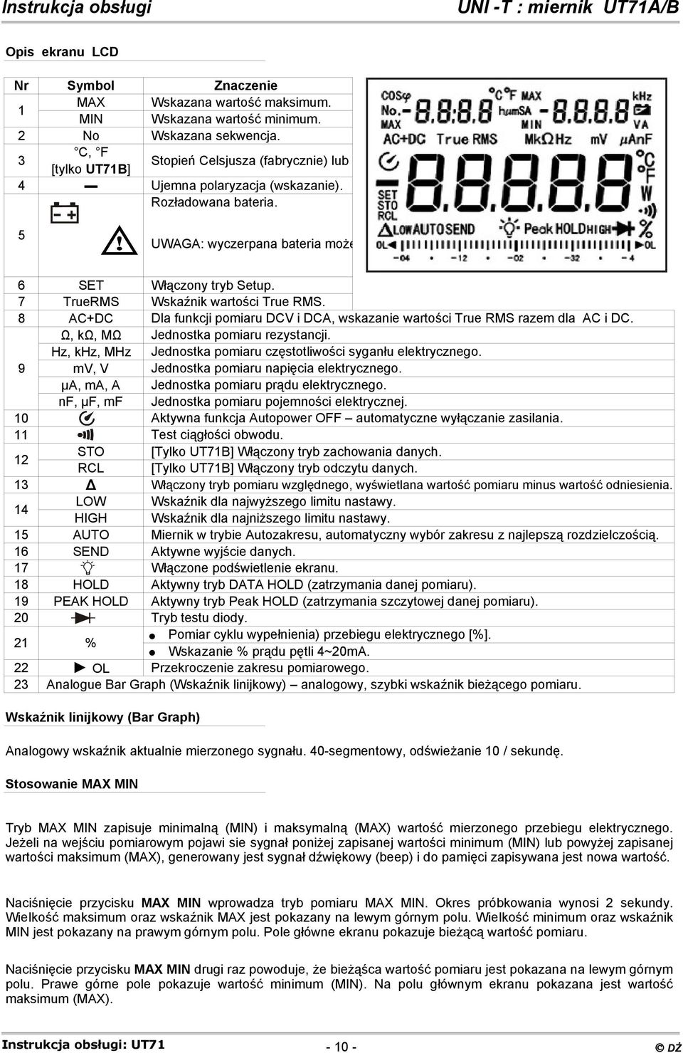 7 TrueRMS Wskaźnik wartości True RMS. 8 AC+DC Dla funkcji pomiaru DCV i DCA, wskazanie wartości True RMS razem dla AC i DC. Ω, kω, MΩ Jednostka pomiaru rezystancji.