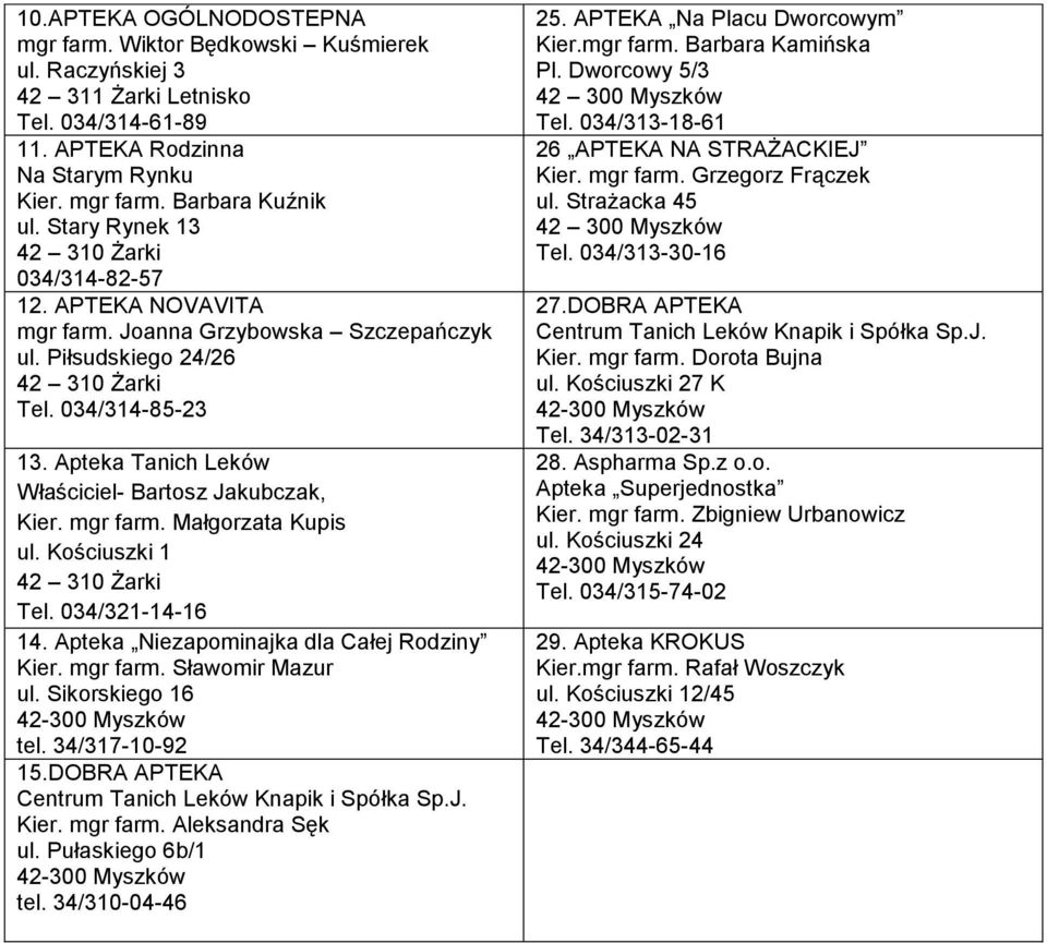 Sikorskiego 16 tel. 34/317-10-92 15. Kier. mgr farm. Aleksandra Sęk ul. Pułaskiego 6b/1 tel. 34/310-04-46 25. Na Placu Dworcowym Kier.mgr farm. Barbara Kamińska Pl. Dworcowy 5/3 Tel.