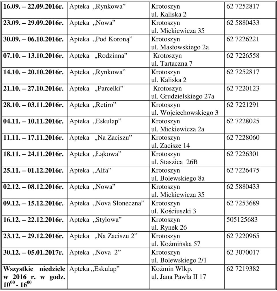 11. 01.12.2016r. Apteka Alfa Krotoszyn 02.12. 08.12.2016r. Apteka Nowa Krotoszyn 09.12. 15.12.2016r. Apteka Nova Słoneczna Krotoszyn 16.12. 22.12.2016r. Apteka Stylowa Krotoszyn 23.12. 29.12.2016r. Apteka Na Zaciszu 2 Krotoszyn 30.