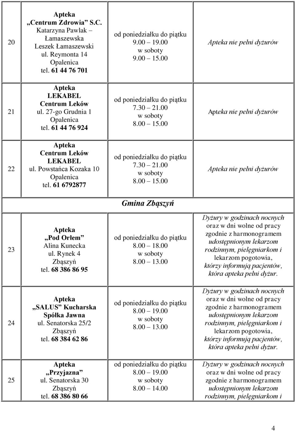 00 nie pełni dyżurów 22 Centrum Leków LEKABEL ul. Powstańca Kozaka 10 tel. 61 6792877 8.00 15.