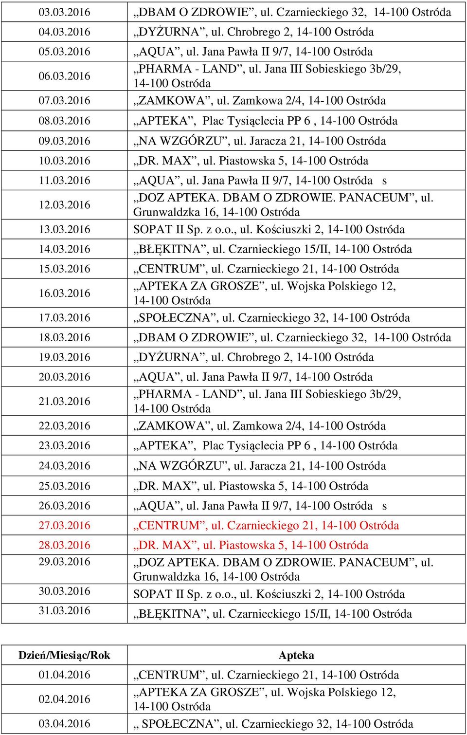 Czarnieckiego 15/II, 15.03.2016 CENTRUM, ul. Czarnieckiego 21, 16.03.2016 17.03.2016 SPOŁECZNA, ul. Czarnieckiego 32, 18.03.2016 DBAM O ZDROWIE, ul. Czarnieckiego 32, 19.03.2016 DYŻURNA, ul.