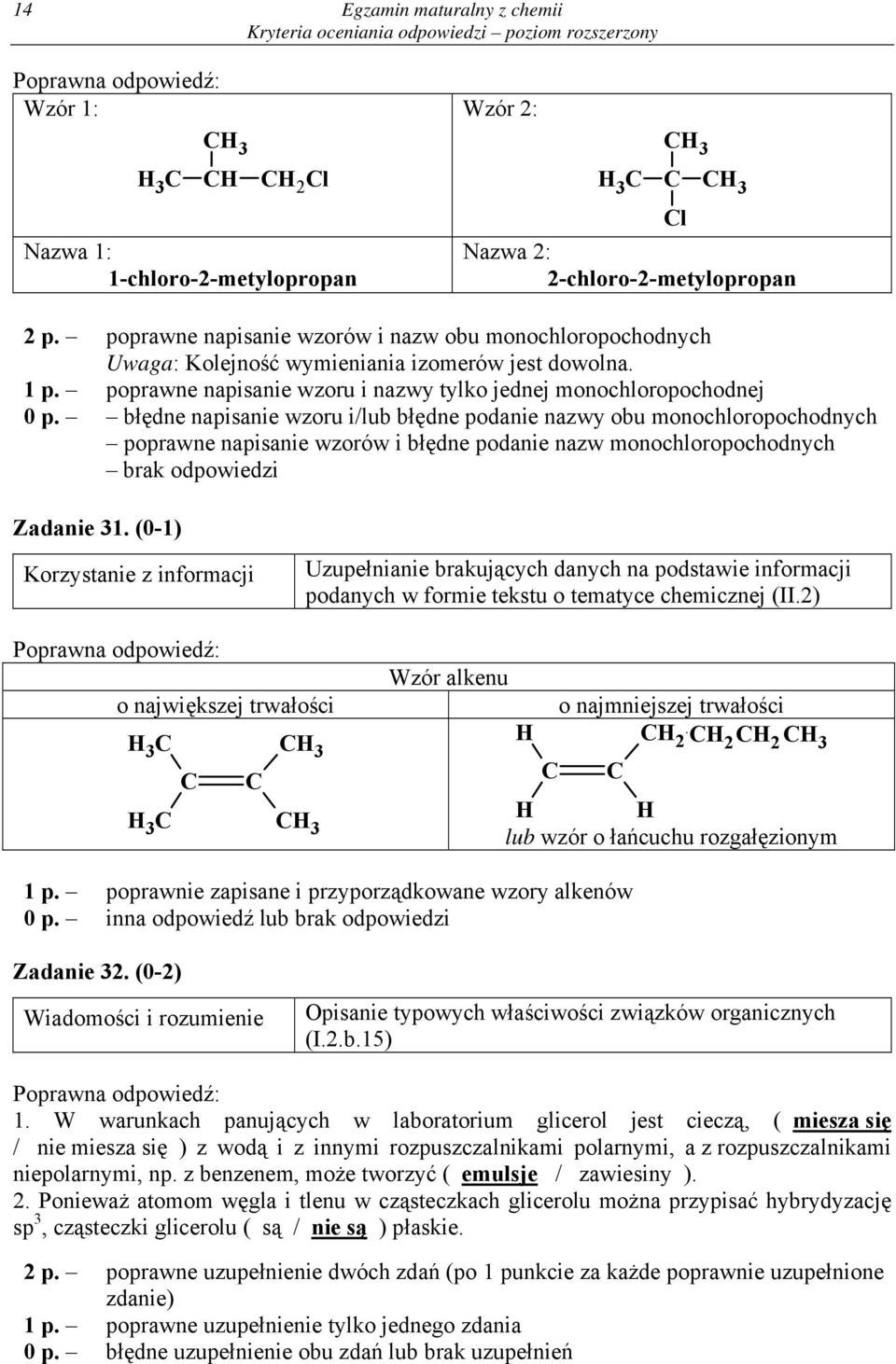 błędne napisanie wzoru i/lub błędne podanie nazwy obu monochloropochodnych poprawne napisanie wzorów i błędne podanie nazw monochloropochodnych brak odpowiedzi Zadanie 1.