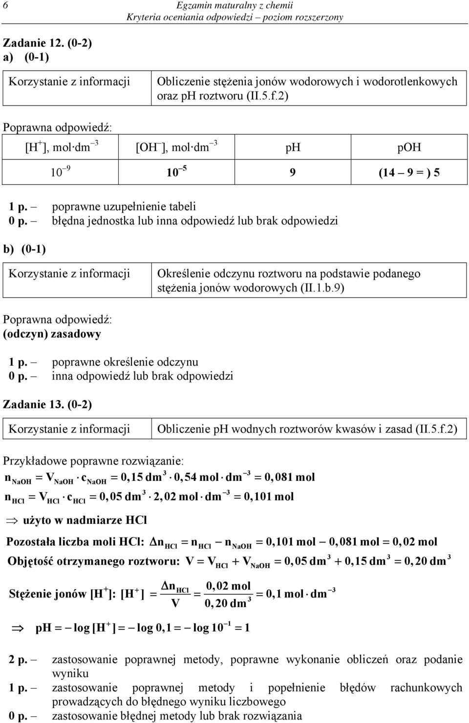 błędna jednostka lub inna odpowiedź lub brak odpowiedzi kreślenie odczynu roztworu na podstawie podanego stężenia jonów wodorowych (II.1.b.9) (odczyn) zasadowy 1 p.