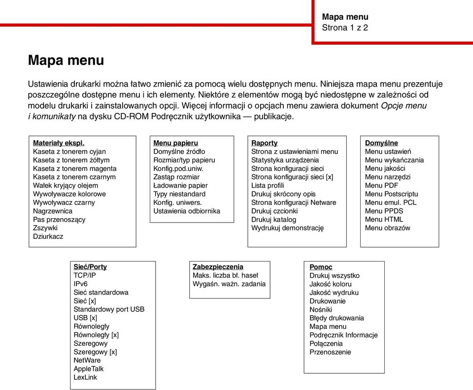 Więcej informacji o opcjach menu zawiera dokument Opcje menu i komunikaty na dysku CD-ROM Podręcznik użytkownika publikacje. Materiały ekspl.