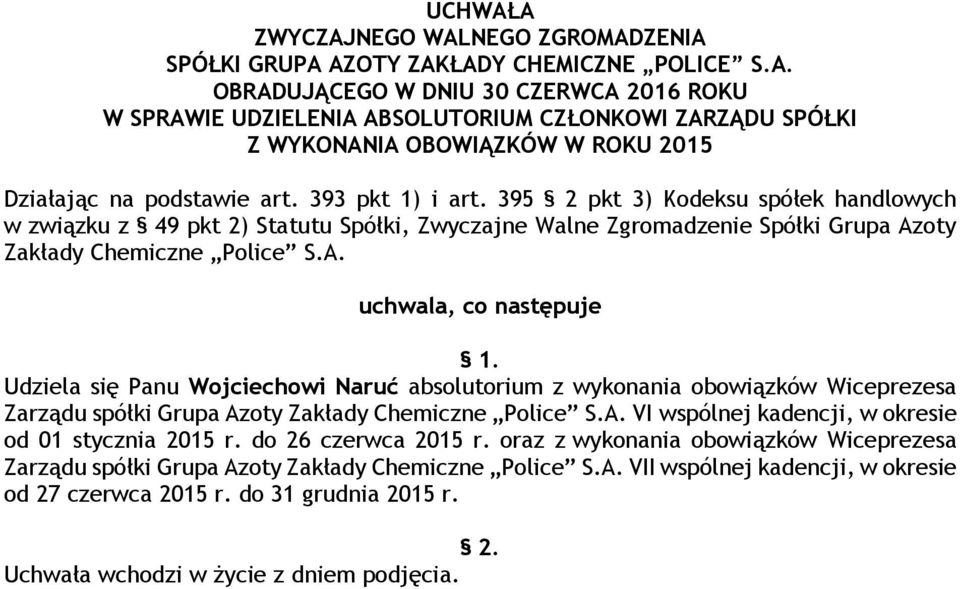 oty Zakłady Chemiczne Police S.A. Udziela się Panu Wojciechowi Naruć absolutorium z wykonania obowiązków Wiceprezesa Zarządu spółki Grupa Azoty Zakłady Chemiczne Police S.