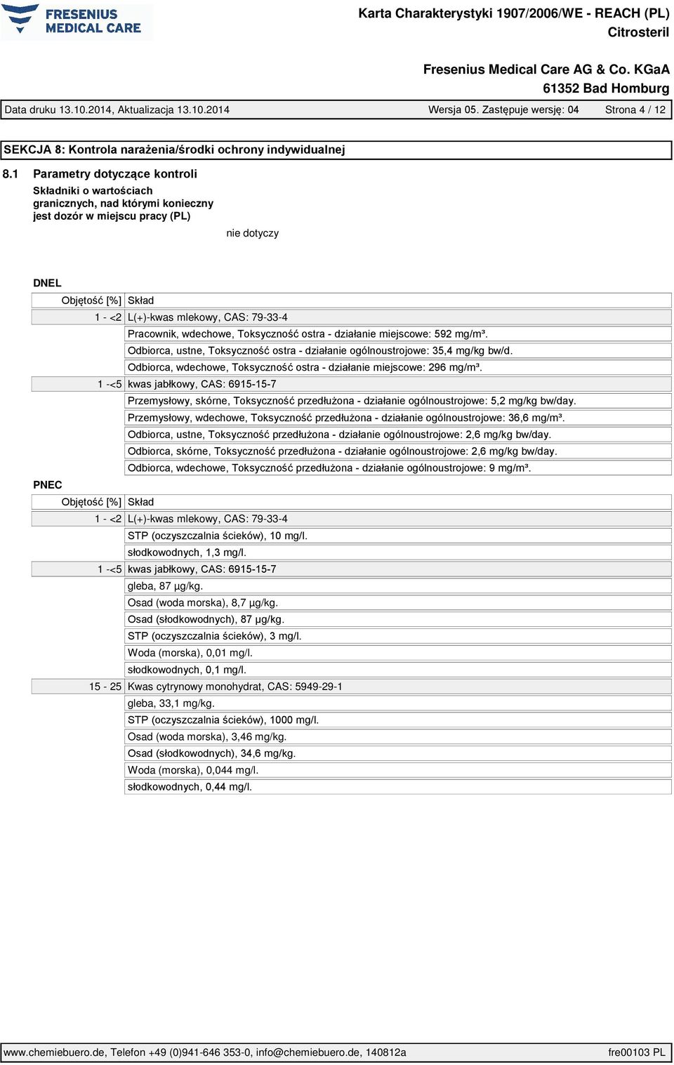 79-33-4 1 -<5 PNEC 1 - <2 L(+)-kwas mlekowy, CAS: 79-33-4 1 -<5 gleba, 87 µg/kg.