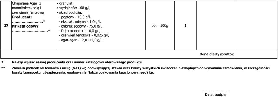 = 500g 1 Cena oferty (brutto): * ** Należy wpisać nazwę producenta oraz numer katalogowy oferowanego produktu.