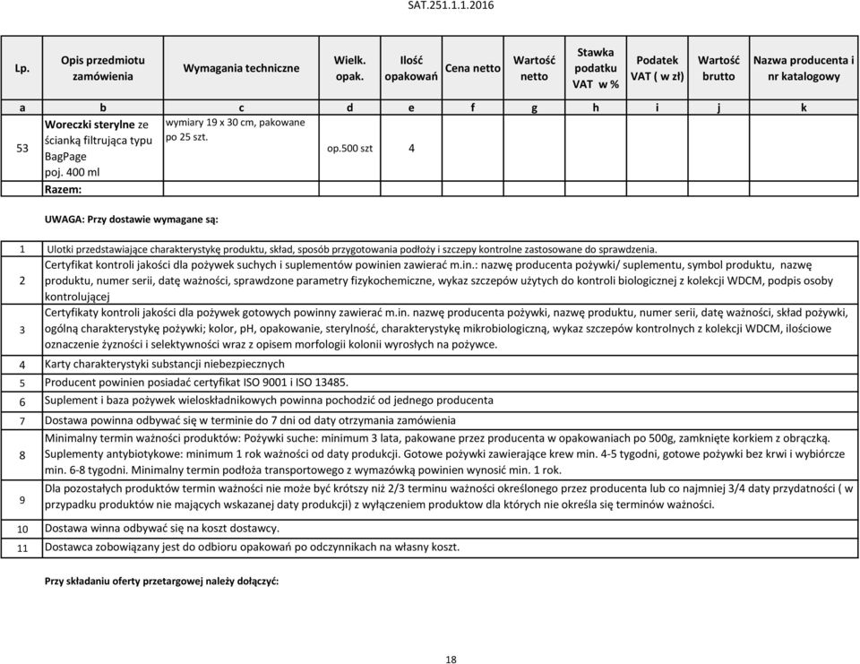 400 ml Razem: UWAGA: Przy dostawie wymagane są: 1 2 3 4 5 6 7 8 9 10 11 Ulotki przedstawiające charakterystykę produktu, skład, sposób przygotowania podłoży i szczepy kontrolne zastosowane do