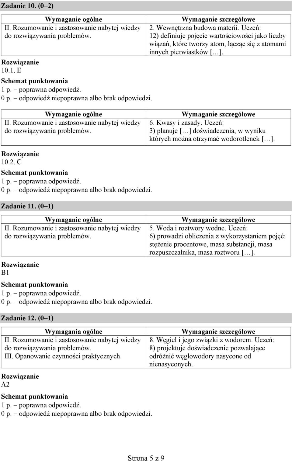 Uczeń: 3) planuje [ ] doświadczenia, w wyniku których można otrzymać wodorotlenek [ ]. 10.2. C Zadanie 11. (0 1) B1 Zadanie 12. (0 1) III.