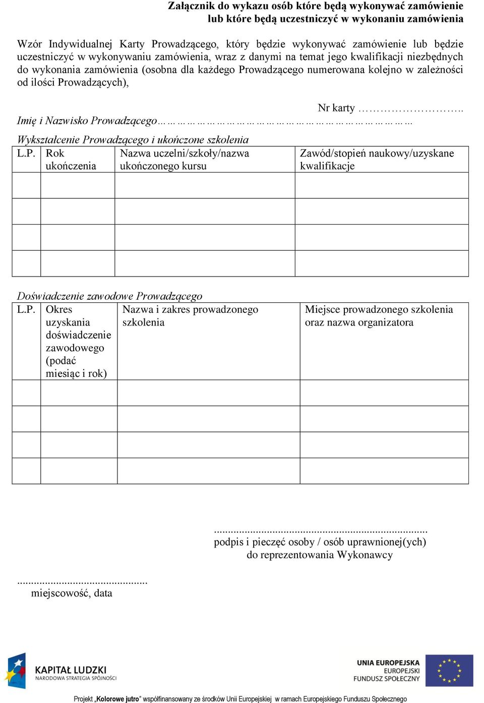 Prowadzących), Nr karty.. Imię i Nazwisko Prowadzącego Wykształcenie Prowadzącego i ukończone szkolenia L.P. Rok Nazwa uczelni/szkoły/nazwa ukończenia ukończonego kursu Zawód/stopień naukowy/uzyskane kwalifikacje Doświadczenie zawodowe Prowadzącego L.