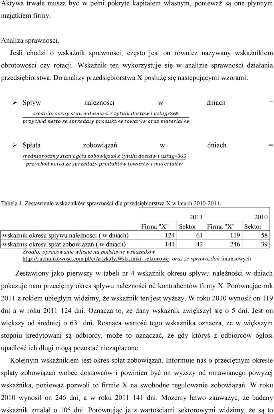 Do analizy przedsiębiorstwa X posłużę się następującymi wzorami: Spływ należności w dniach = Spłata zobowiązań w dniach = ń Tabela 4.