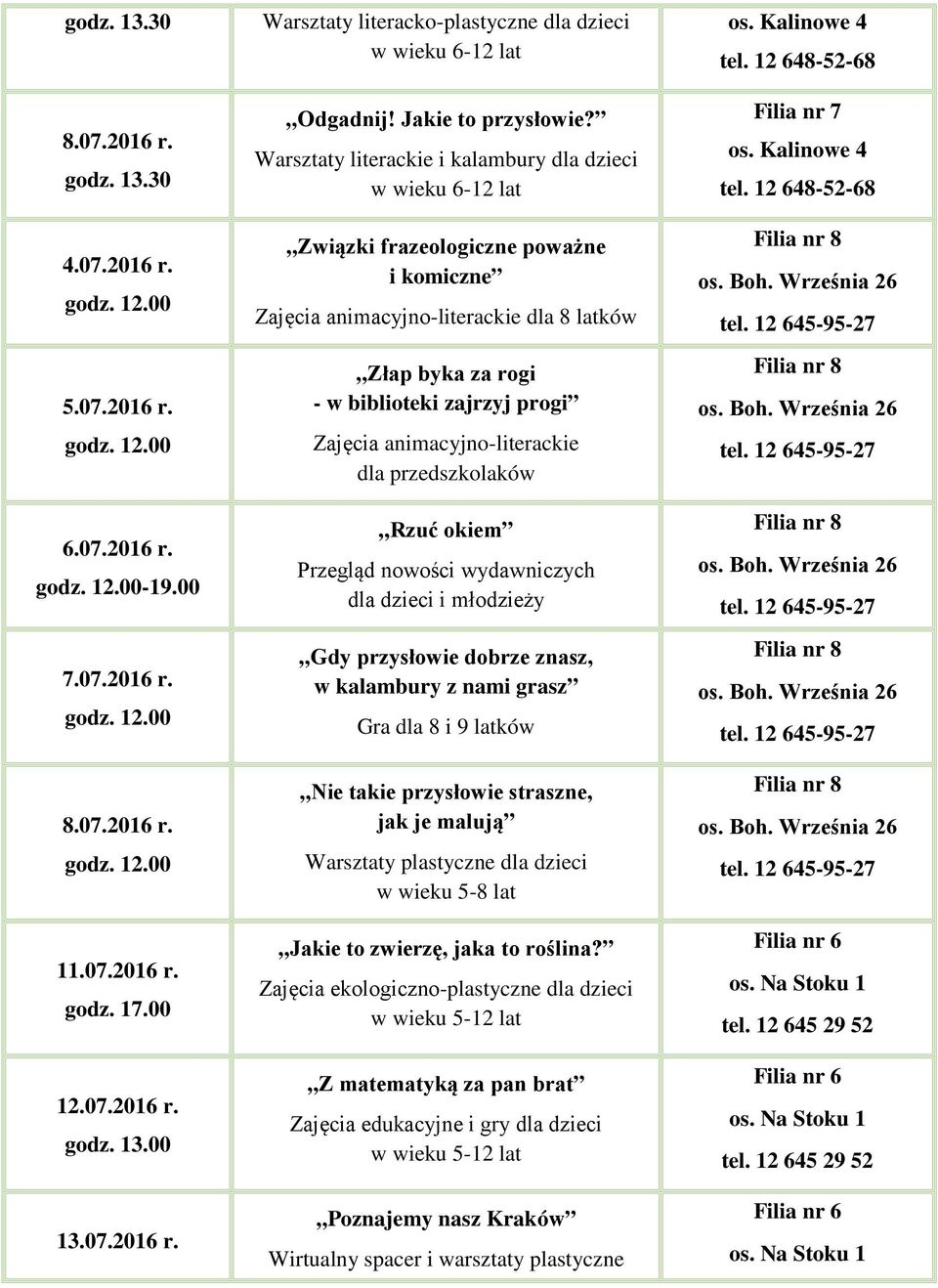 animacyjno-literackie dla przedszkolaków Rzuć okiem Przegląd nowości wydawniczych dla dzieci i młodzieży Gdy przysłowie dobrze znasz, w kalambury z nami grasz Gra dla 8 i 9 latków Nie takie