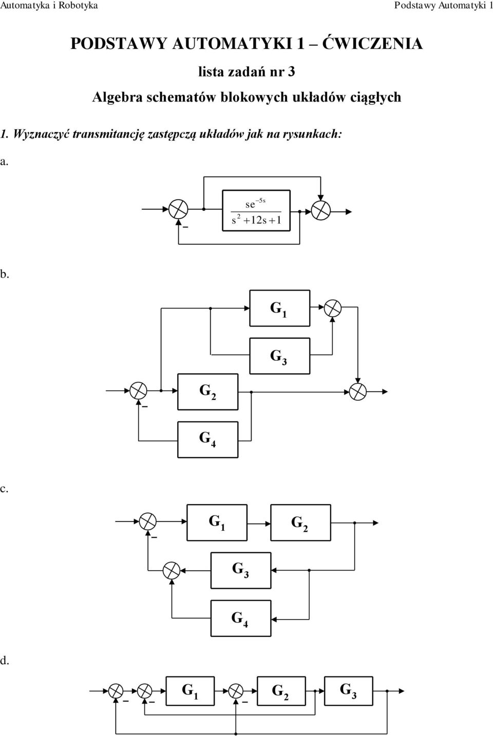 Algebra chematów blokowych układów ciągłych.