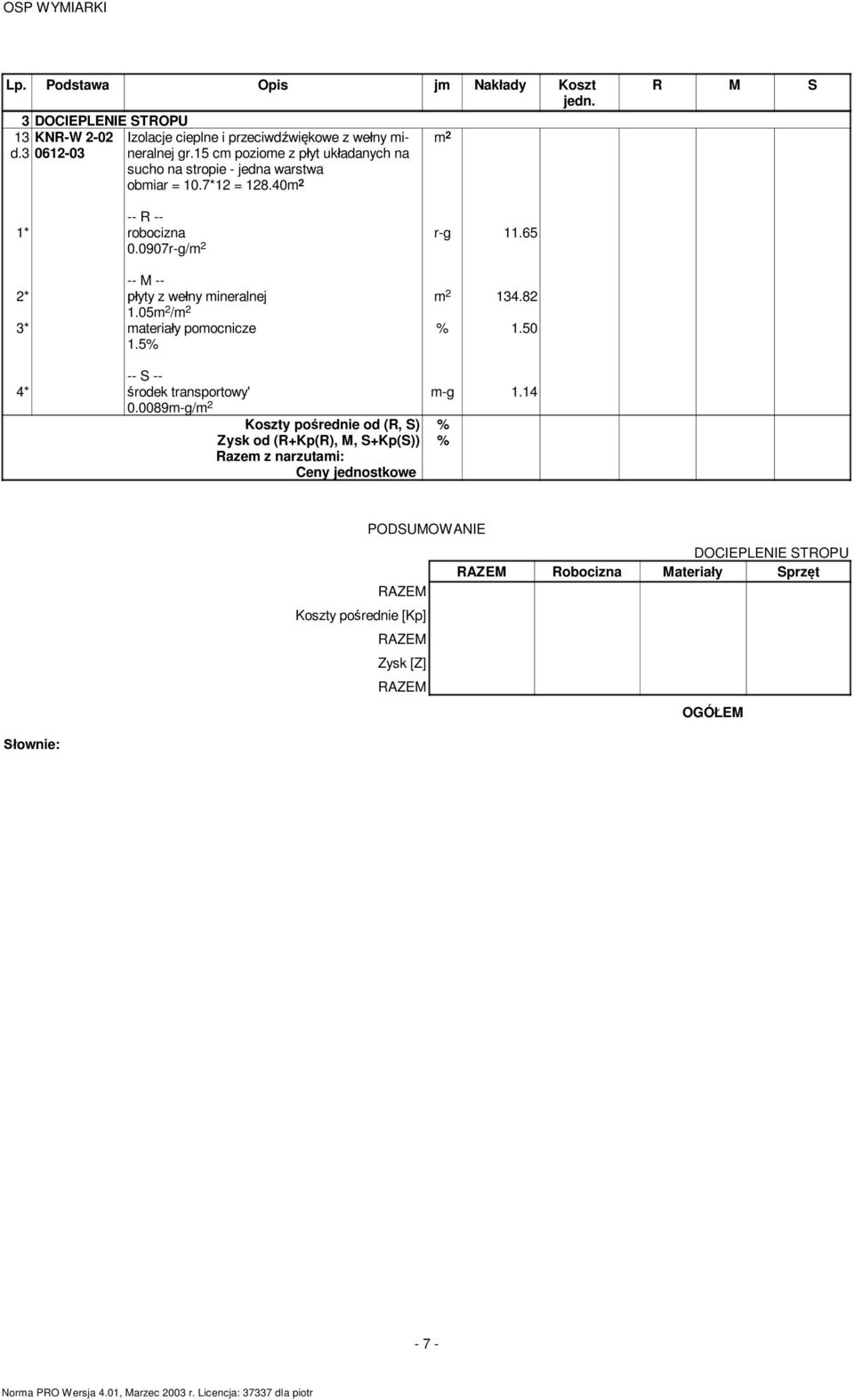 15 cm poziome z p yt uk adanych na sucho na stropie - jedna warstwa obmiar = 10.7*12 = 128.