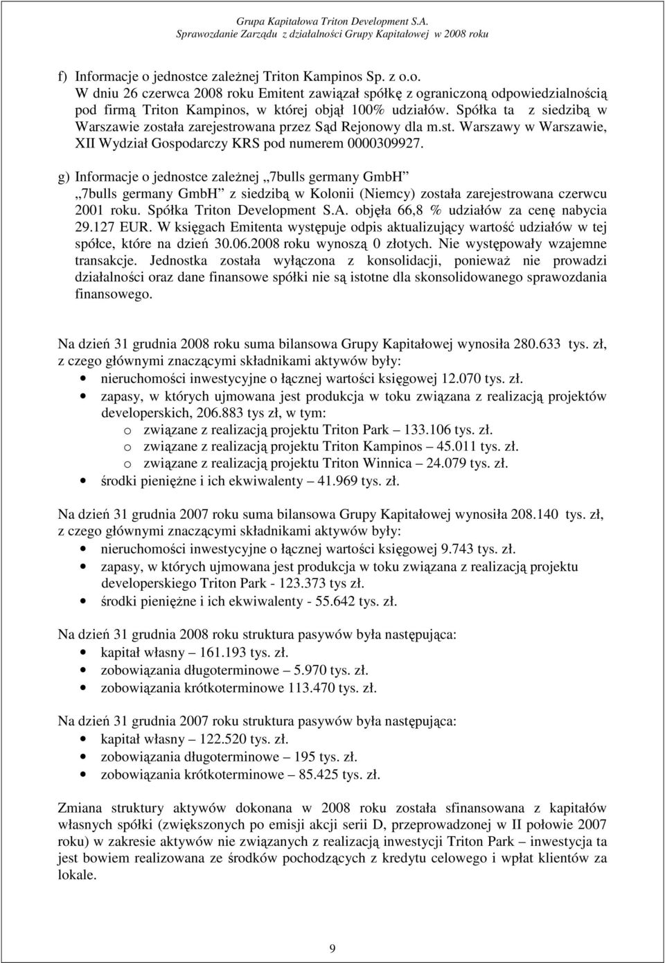 g) Informacje o jednostce zaleŝnej 7bulls germany GmbH 7bulls germany GmbH z siedzibą w Kolonii (Niemcy) została zarejestrowana czerwcu 2001 roku. Spółka Triton Development S.A.