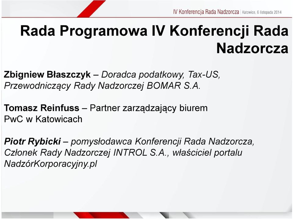 S.A. Tomasz Reinfuss Partner zarządzający biurem PwC w Katowicach Nadzorcza Piotr