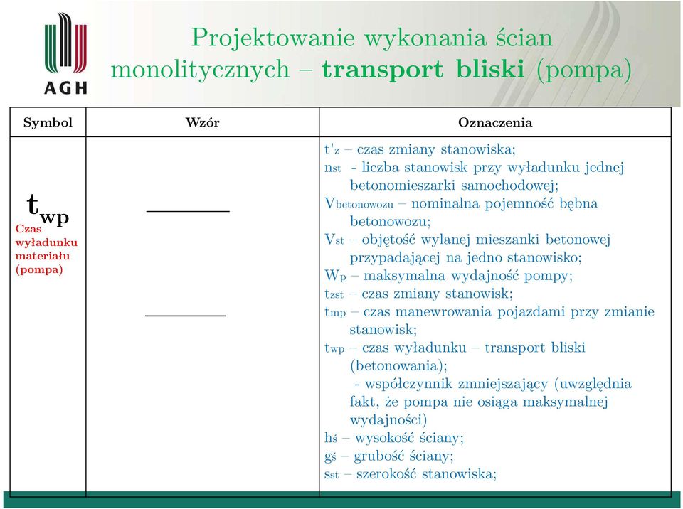 wylanej mieszanki beonowej przypadającej na jedno sanowisko; Wp maksymalna wydajność pompy; zs czas zmiany sanowisk; mp czas manewrowania pojazdami przy zmianie sanowisk; wp czas